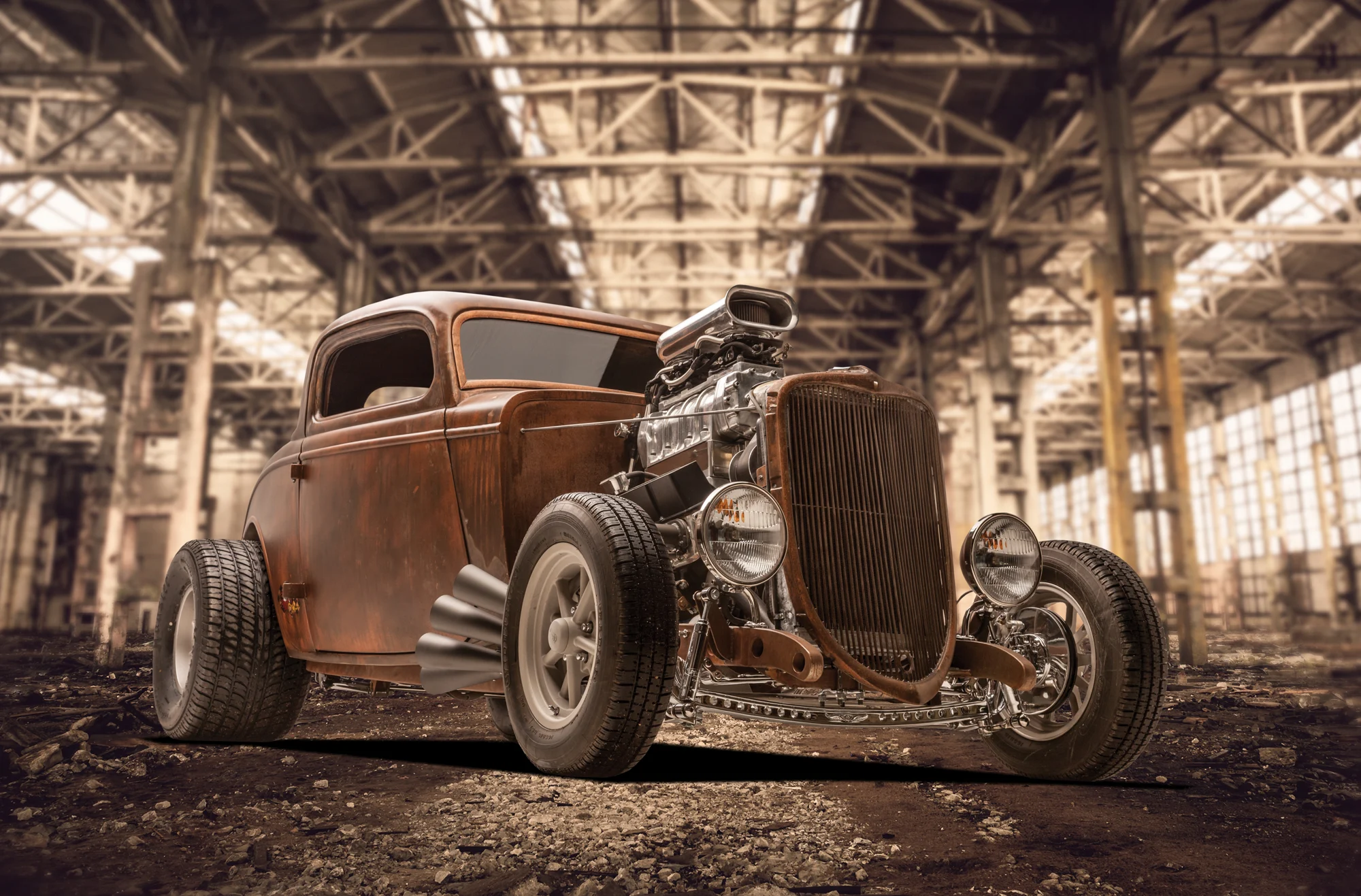 Patina hot rod with an exposed engine and custom details